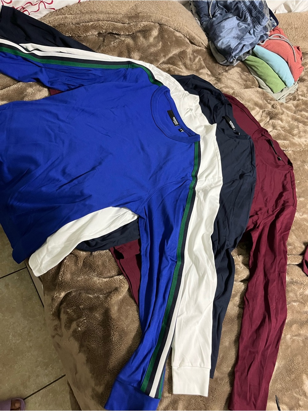 Murano Long-Sleeve Crewnecks. Royal blue with White and Green Side Stripes